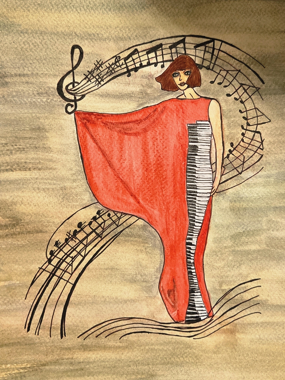 Red Dress Music Illustration Art Watercolor, Hand Painted